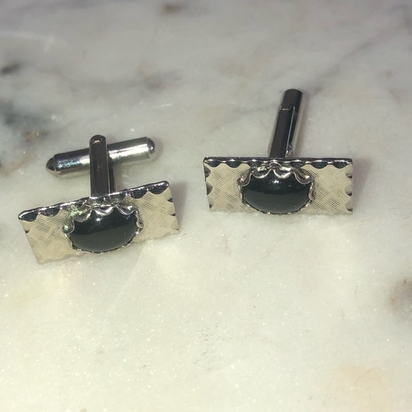 VTG Onyx Cabochon & Textures Scalloped Edge Silver Tone Mens Cufflinks .7” x .3” - Picture 2 of 5